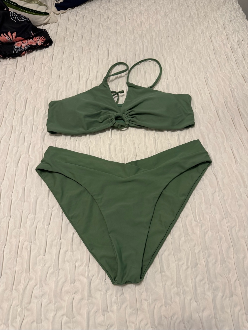 Solid Olive Green High-Waist Bikini Set - Women Swim